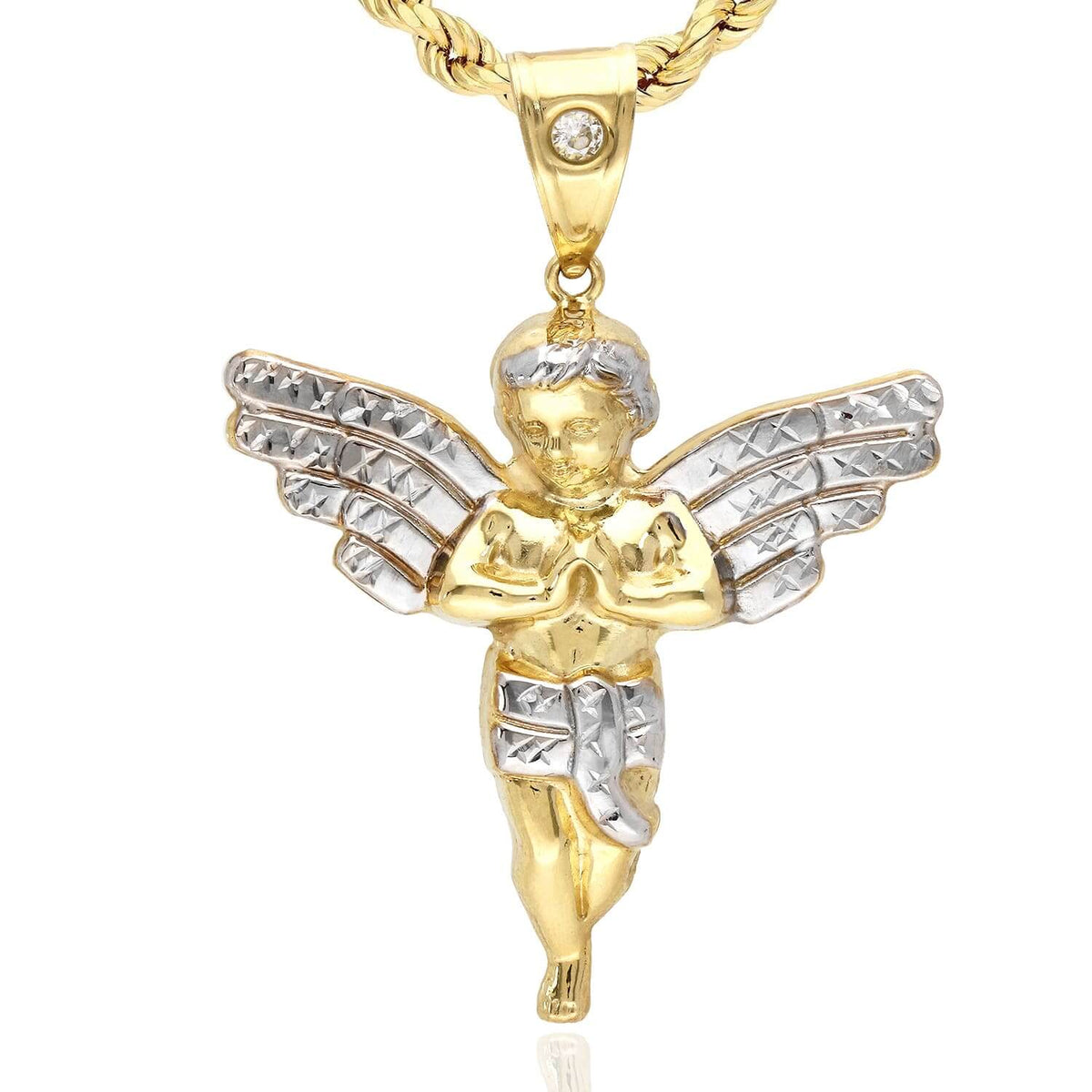 10K Yellow Gold CZ Religious Angel Pendant 2"-2.4"