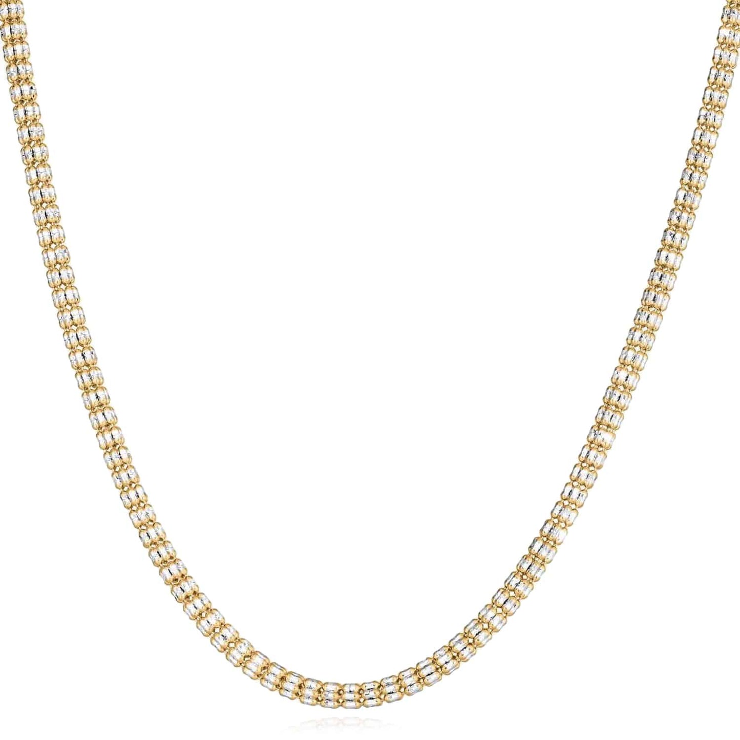14K Real Gold Two-Tone Yellow White 3.5mm Diamond-Cut Fancy Iced Mesh Necklace 20-24"