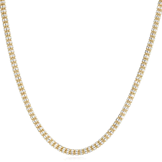 14K Real Gold Two-Tone Yellow White 3.5mm Diamond-Cut Fancy Iced Mesh Necklace 20-24"