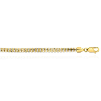 14K Real Gold Two-Tone Yellow White 4.5mm Diamond-Cut Fancy Iced Mesh Bracelet 8"