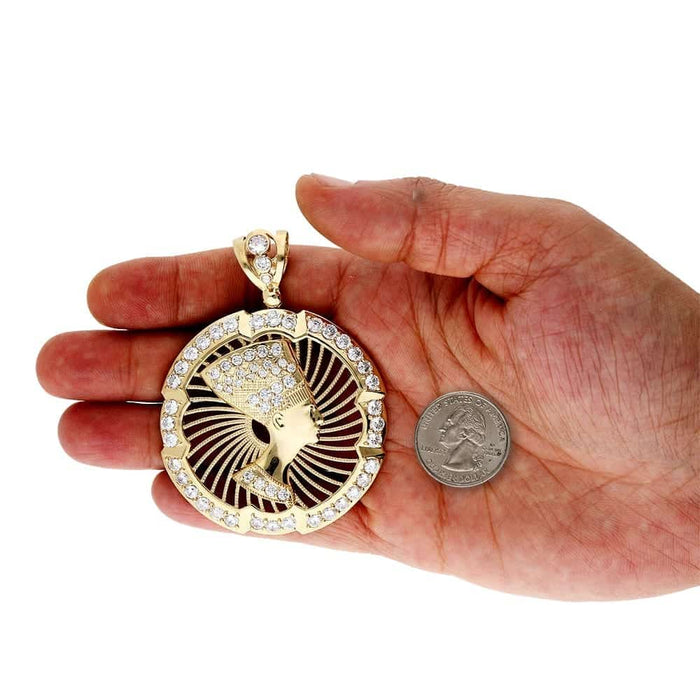 10K Yellow Gold CZ Egyptian Queen Nefertiti Medallion Pendant 3"