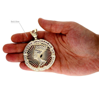 10K Yellow Gold CZ Egyptian Queen Nefertiti Medallion Pendant 3"