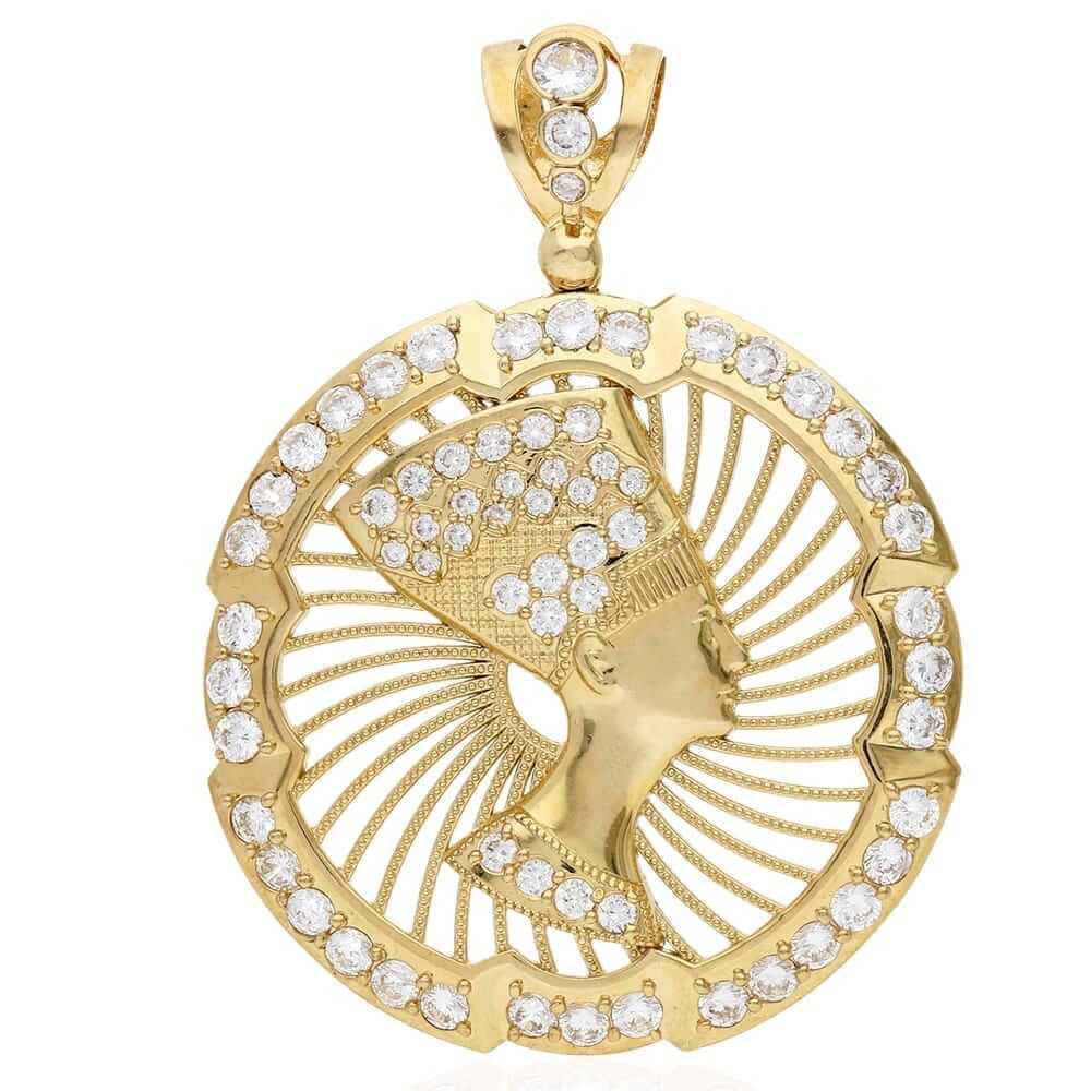 10K Yellow Gold CZ Egyptian Queen Nefertiti Medallion Pendant 3