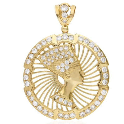 10K Yellow Gold CZ Egyptian Queen Nefertiti Medallion Pendant 3"