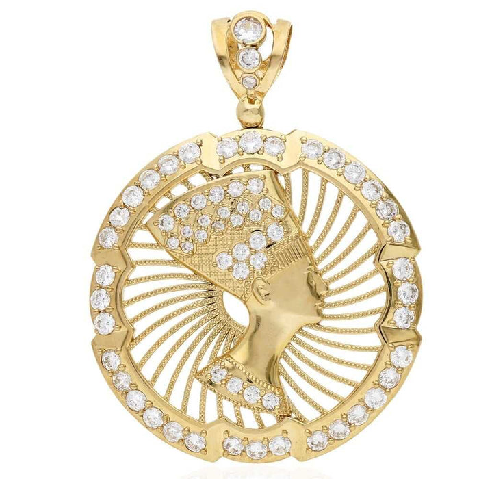 10K Yellow Gold CZ Egyptian Queen Nefertiti Medallion Pendant 3"