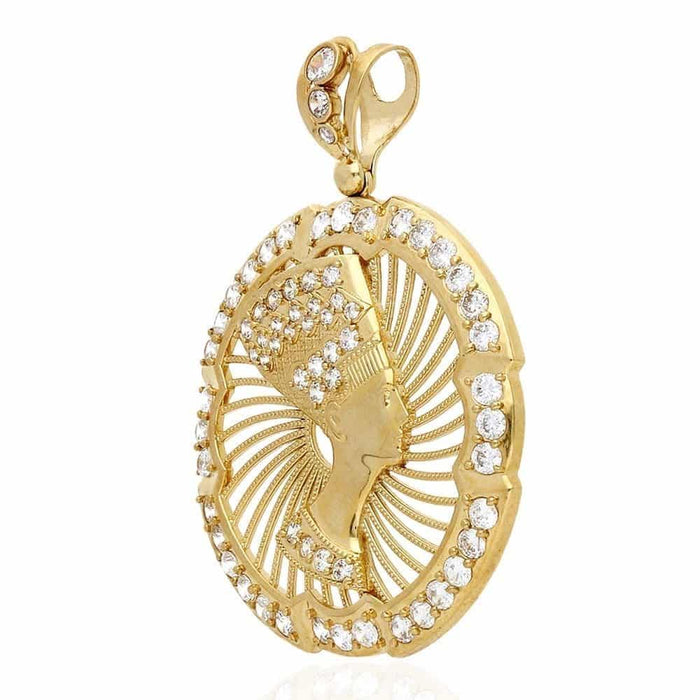 10K Yellow Gold CZ Egyptian Queen Nefertiti Medallion Pendant 3"