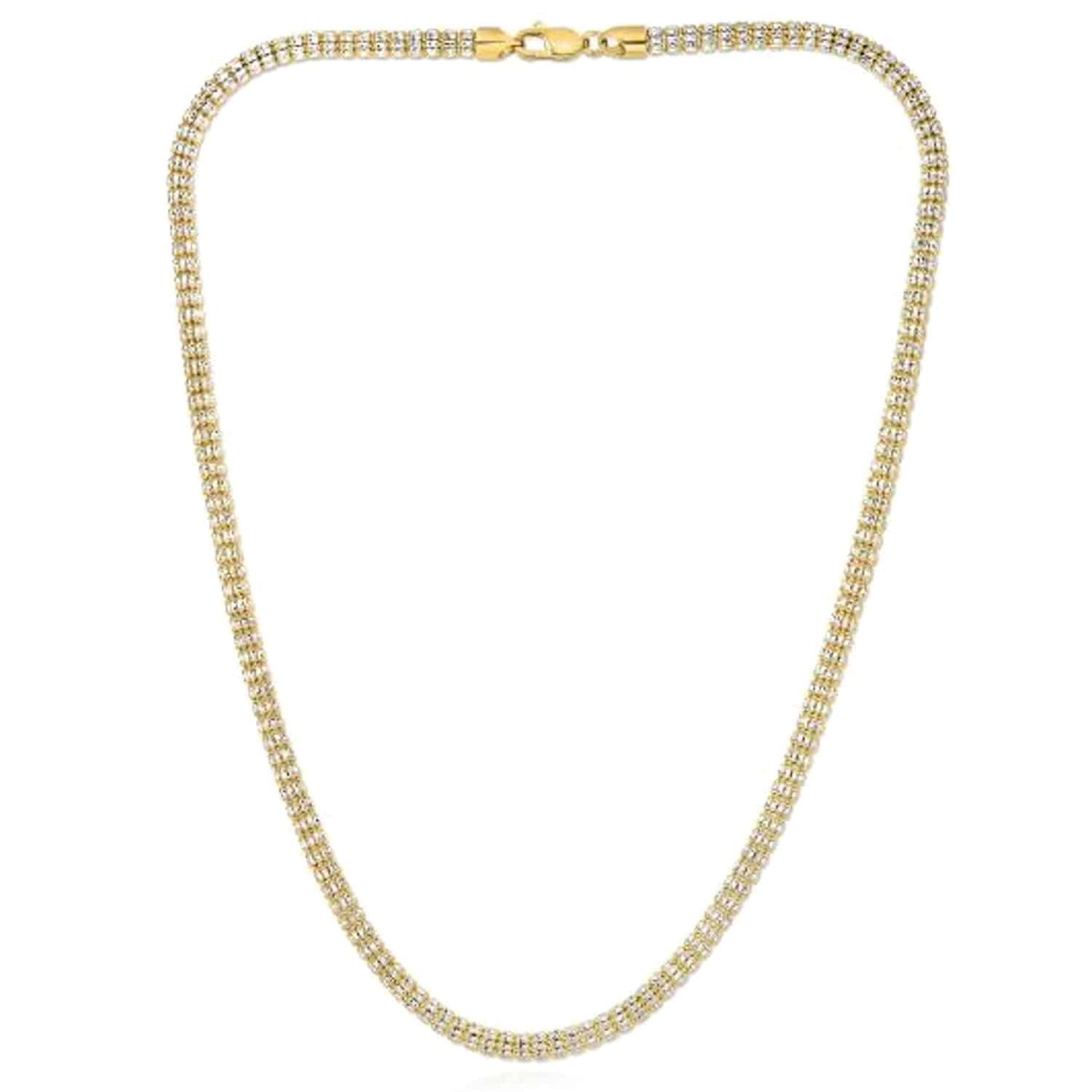 14K Real Gold Two-Tone Yellow White 4.5mm Diamond-Cut Fancy Iced Mesh Necklace 18-24"