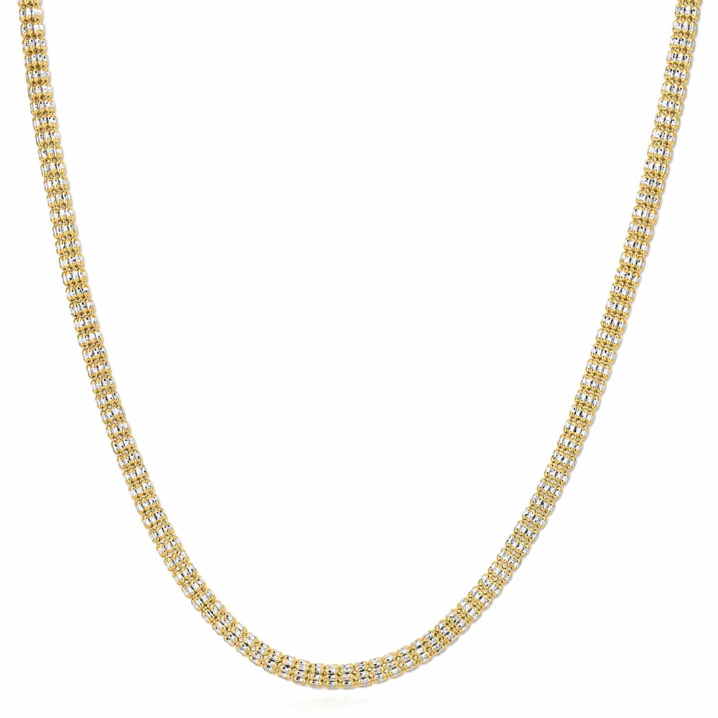 14K Real Gold Two-Tone Yellow White 4.5mm Diamond-Cut Fancy Iced Mesh Necklace 18-24"