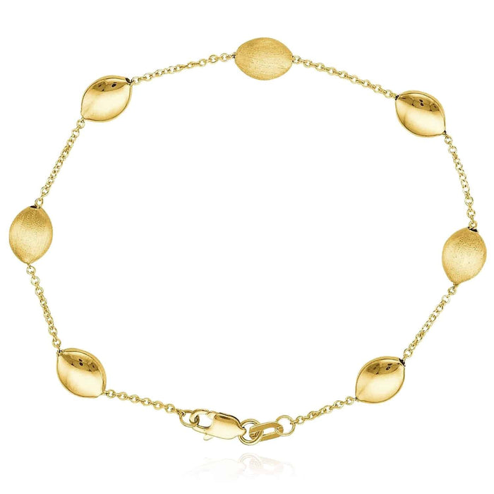 14K Yellow Gold Satin Strand Cable Pebble Charms Bracelet (Solid Links) 7.25" - WJD Exclusives