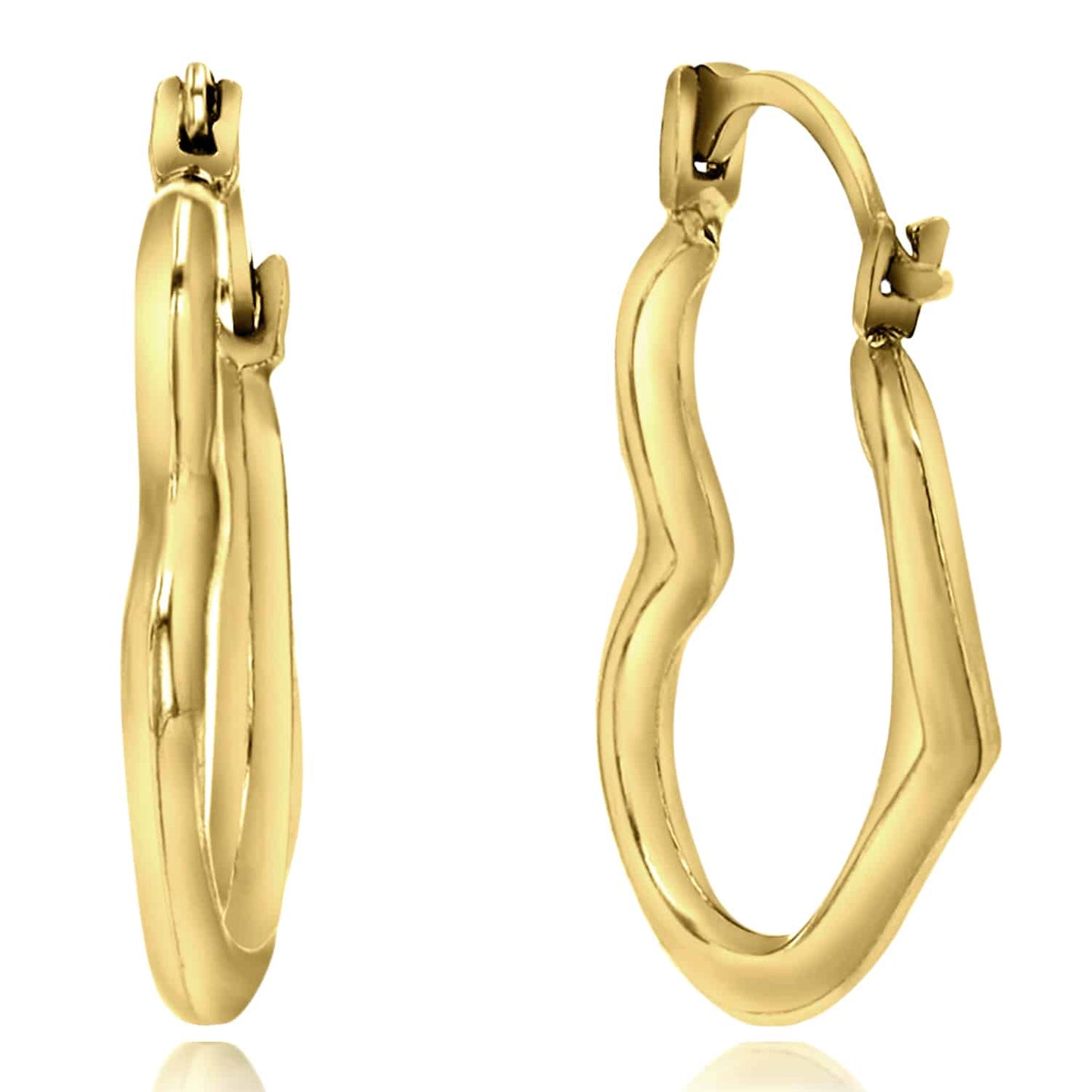 14K Real Gold Wavy Heart Hoop Snap Earrings 15mm
