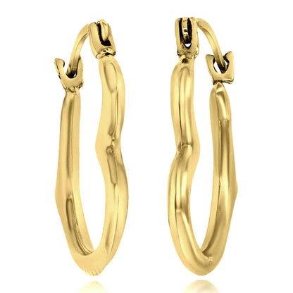 14K Real Gold Wavy Heart Hoop Snap Earrings 15mm