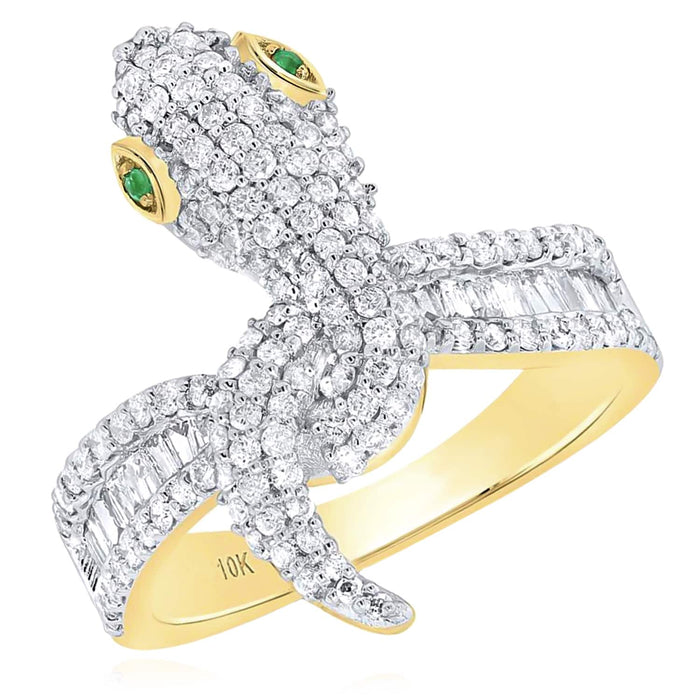 1.02CTW Natural Diamond 10K Yellow Gold Pave Emerald Green Eyes Snake Ring - WJD Exclusives