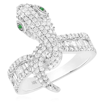 1.02CTW Natural Diamond 10K White Gold Pave Emerald Green Eyes Snake Ring - WJD Exclusives