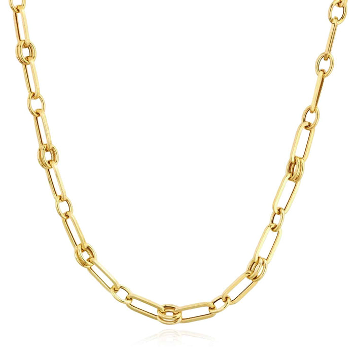 14K Yellow Gold 5.6mm Double Bar Figaro Paperclip Rondel Necklace (Solid Links) 18" - WJD Exclusives