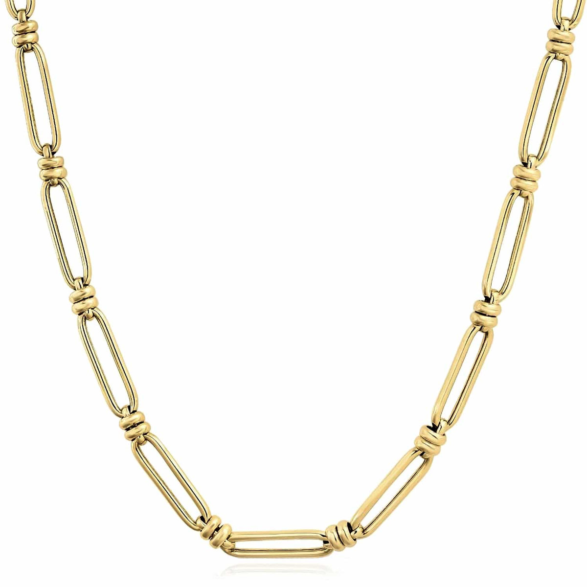 14K Yellow Gold 6mm Double Bar Figaro Paperclip Rondel Necklace (Solid Links) 18" - WJD Exclusives