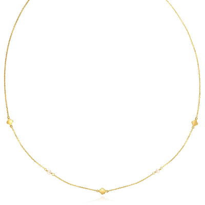 14K Yellow Gold Cultured Pearl Clover Charms Necklace (Solid Links) 18" - WJD Exclusives