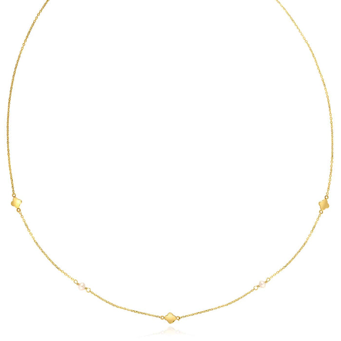 14K Yellow Gold Cultured Pearl Clover Charms Necklace (Solid Links) 18" - WJD Exclusives
