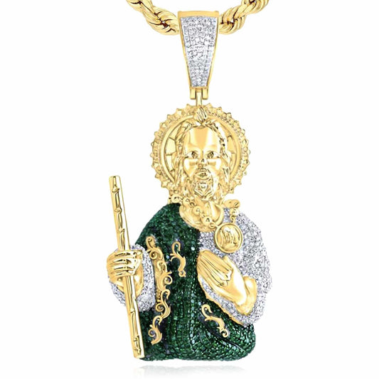 6.25CTW Real Diamond & Emerald 10K Yellow Gold St Jude Charm Pendant 3"