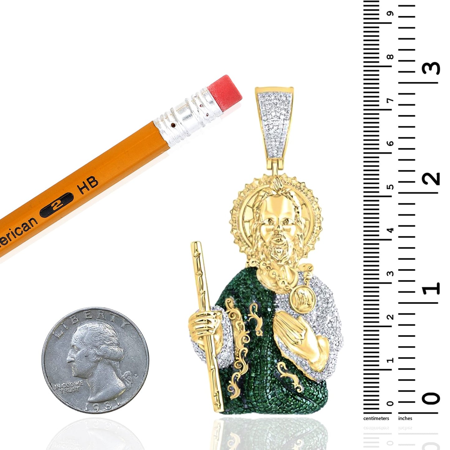 6.25CTW Real Diamond & Emerald 10K Yellow Gold St Jude Charm Pendant 3"