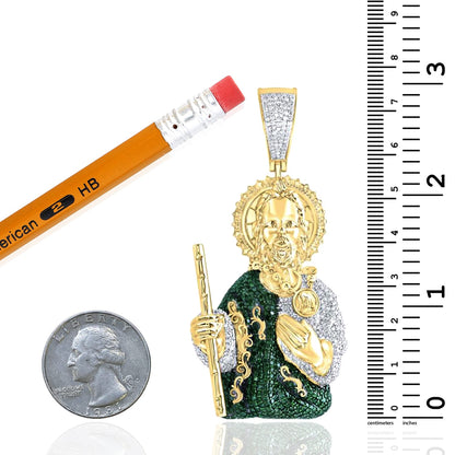 6.25CTW Real Diamond & Emerald 10K Yellow Gold St Jude Charm Pendant 3"