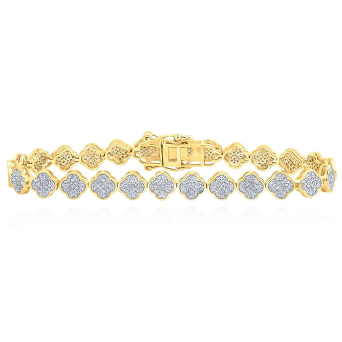 1.85CTW Natural Diamond 7mm 10K Yellow White Gold Clover Bracelet (Solid Links) 7" - WJD Exclusives