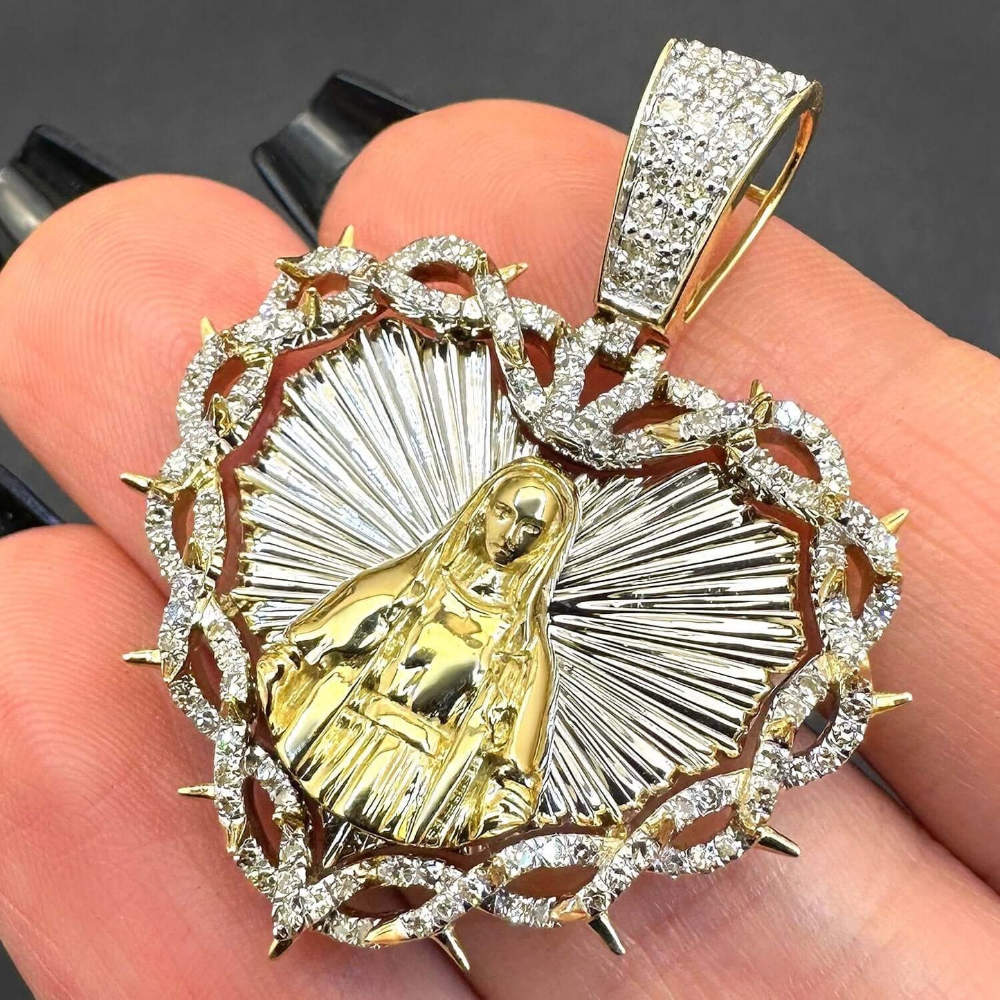 0.75CTW Real Diamond 10K Gold Two-Tone Heart Mother Mary Pendant 1.65"