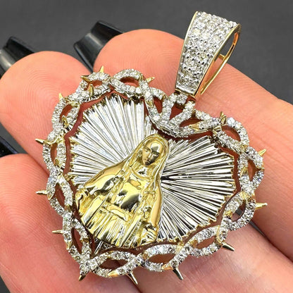 0.75CTW Real Diamond 10K Gold Two-Tone Heart Mother Mary Pendant 1.65"