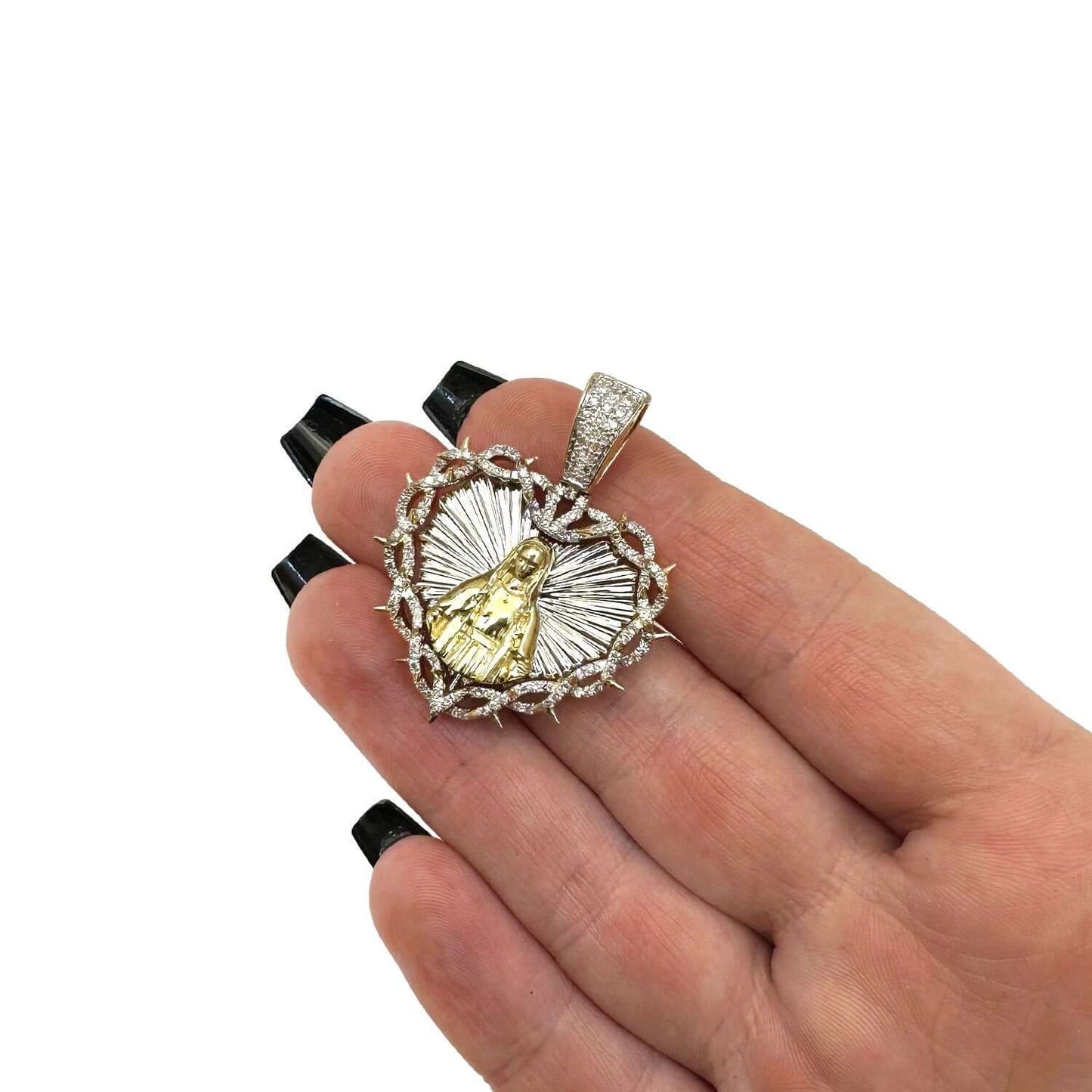 0.75CTW Real Diamond 10K Gold Two-Tone Heart Mother Mary Pendant 1.65"