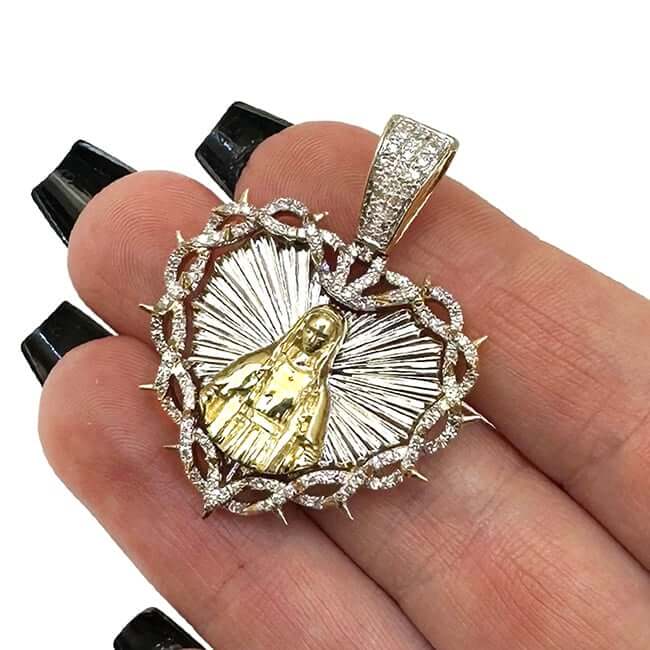 0.75CTW Real Diamond 10K Gold Two-Tone Heart Mother Mary Pendant 1.65"