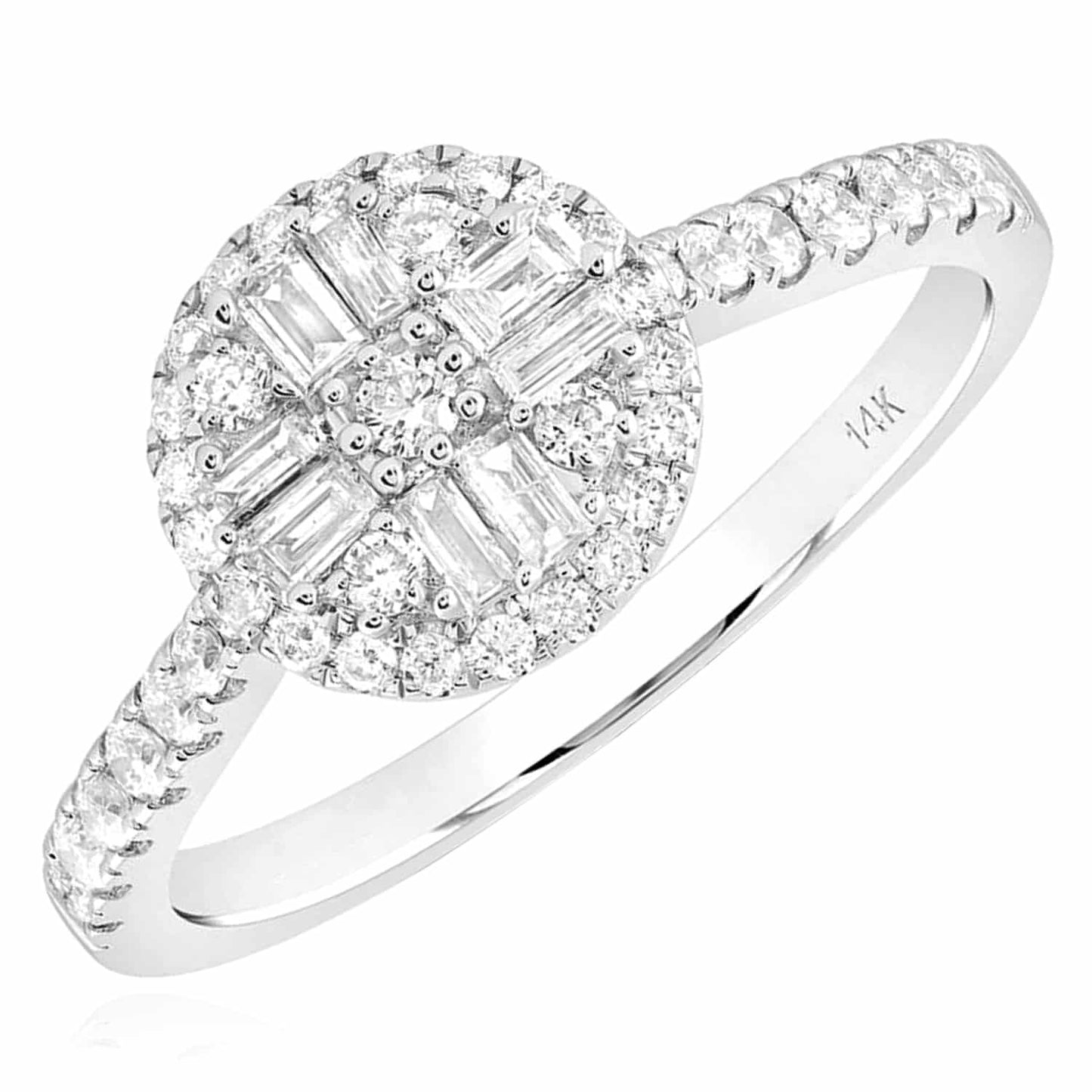 0.50CTW Real Diamond 10K Gold White Round Baguette Engagement Ring