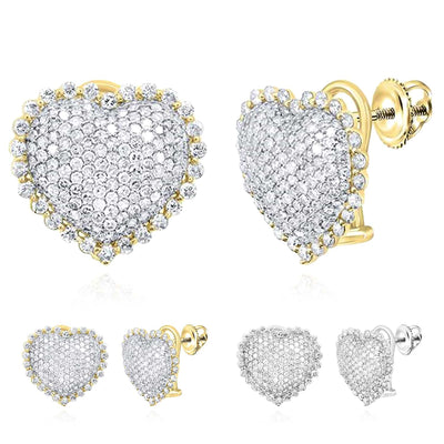 2.00CTW Natural Diamond 10K Gold Yellow White Heart Stud Earrings 15mm - WJD Exclusives