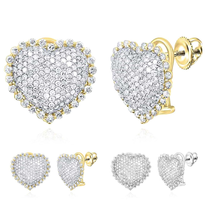 2.00CTW Natural Diamond 10K Gold Yellow White Heart Stud Earrings 15mm - WJD Exclusives