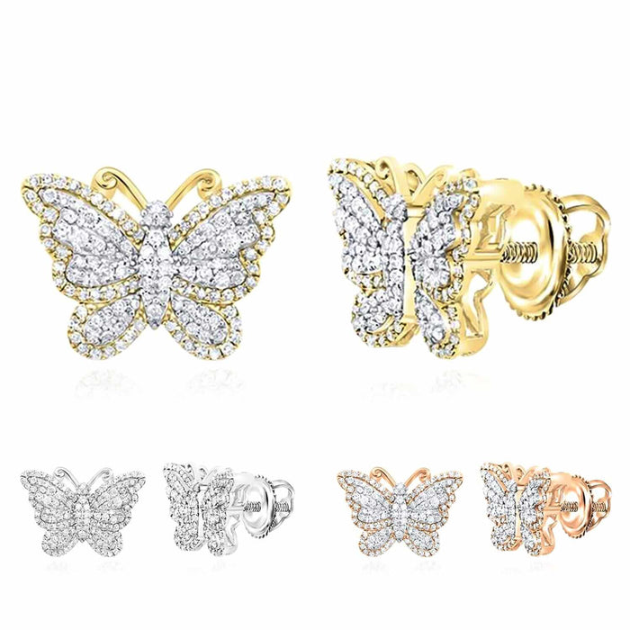 0.62CTW Natural Diamond 10K Gold White Rose Butterfly Stud Earrings 12mm - WJD Exclusives