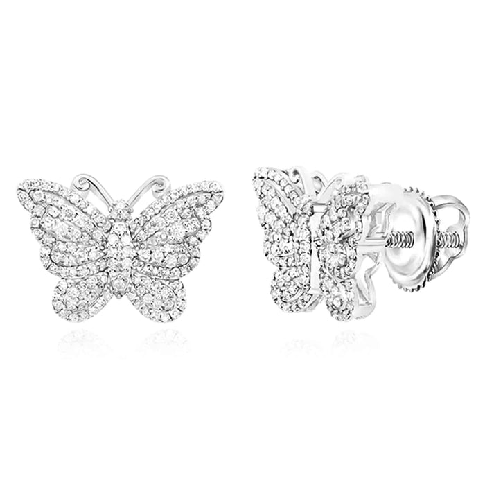 0.62CTW Natural Diamond 10K Gold White Rose Butterfly Stud Earrings 12mm - WJD Exclusives