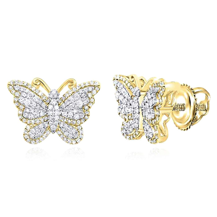 0.62CTW Natural Diamond 10K Gold White Rose Butterfly Stud Earrings 12mm - WJD Exclusives