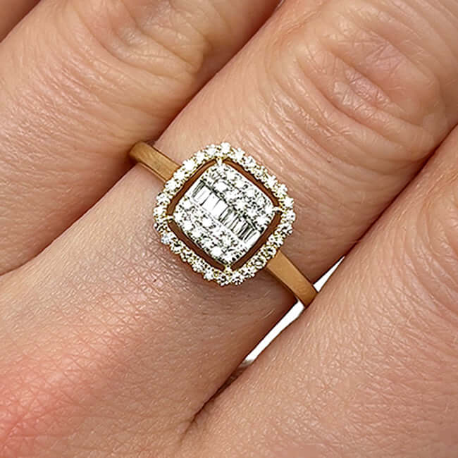 0.33CTW Real Diamond 10K Gold Yellow Square Halo Engagement Ring