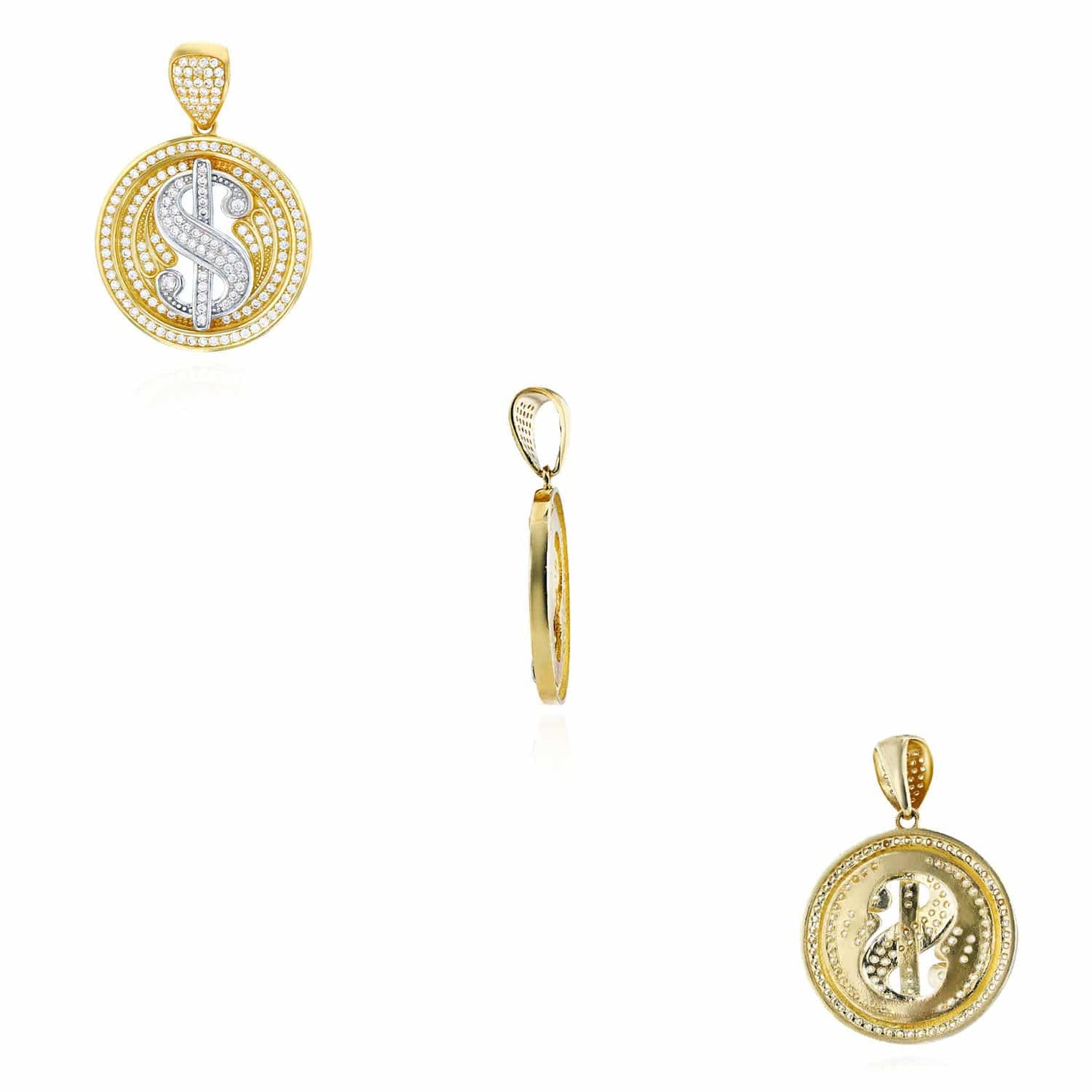 14K Real Gold Two-Tone Yellow White CZ Dollar Sign Round Pendant 1.45"