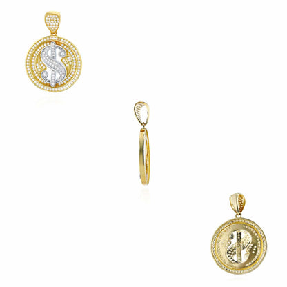 14K Real Gold Two-Tone Yellow White CZ Dollar Sign Round Pendant 1.45"