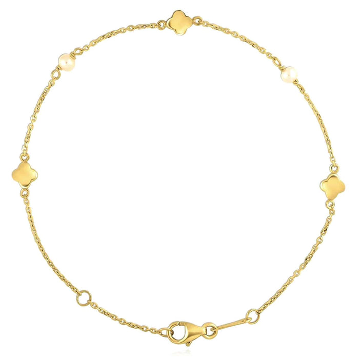 14K Yellow Gold 1mm Cable Clover Leaf Pearl Bracelet (Solid Links) 6.5" - 7" Adjustable - WJD Exclusives