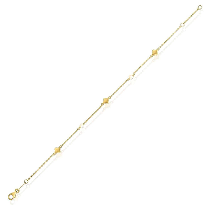 14K Yellow Gold 1mm Cable Clover Leaf Pearl Bracelet (Solid Links) 6.5" - 7" Adjustable - WJD Exclusives