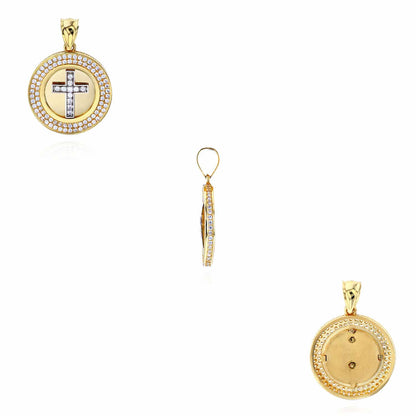 14K Real Gold Two-Tone Yellow White CZ Round Cross Pendant 1.2"