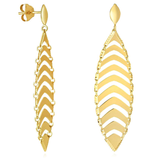 14K Real Gold Diamond-Cut Leaf Push Back Earrings 53mm