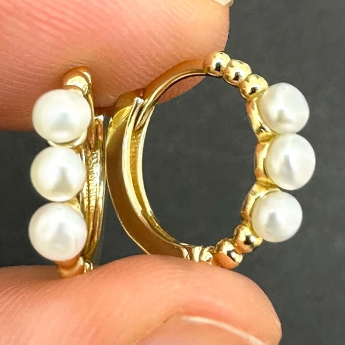 14K Gold Cultured Pearls Hinged Huggie Hoop Earrings 8mm - WJD Exclusives