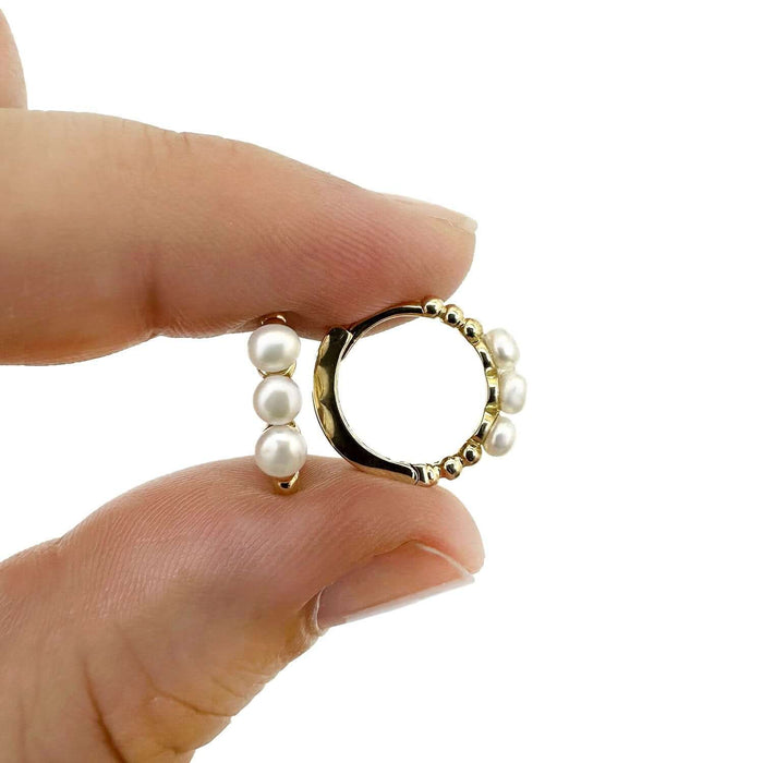 14K Gold Cultured Pearls Hinged Huggie Hoop Earrings 8mm - WJD Exclusives