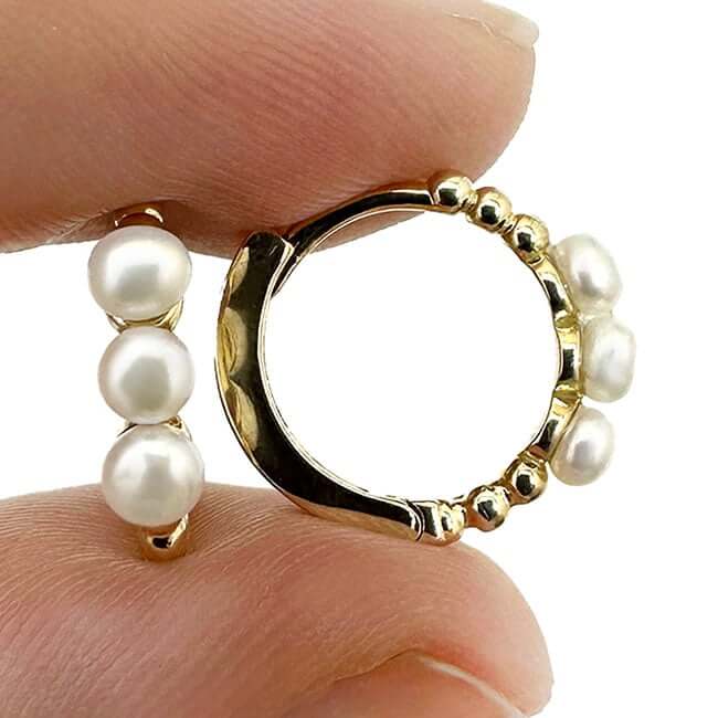 14K Gold Cultured Pearls Hinged Huggie Hoop Earrings 8mm - WJD Exclusives