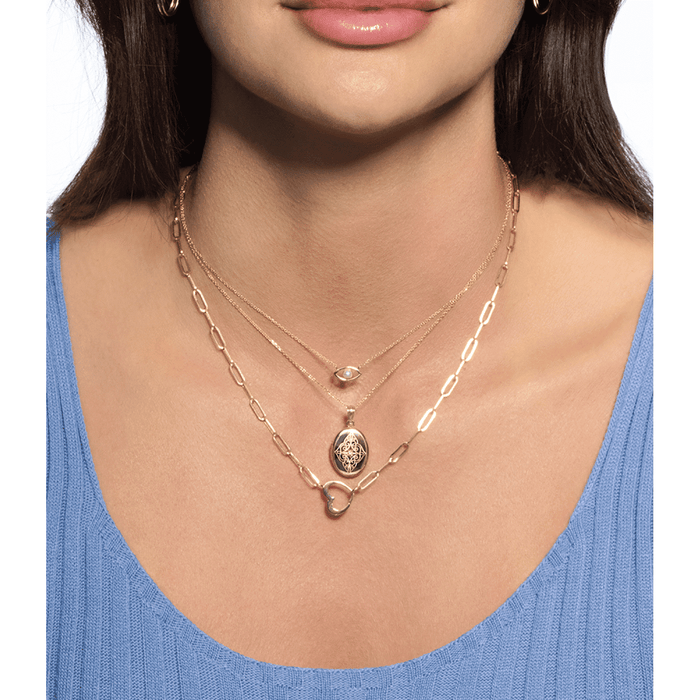 14K Yellow Gold Cultured Pearl Evil Eye Cable Necklace (Solid Links) 16" - 18" Adjustable - WJD Exclusives