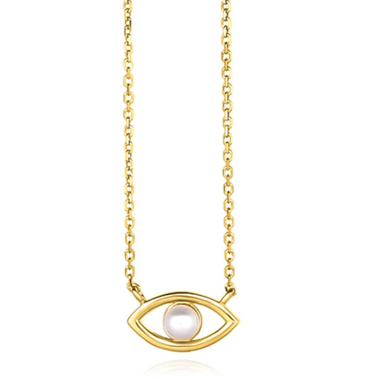 14K Real Gold Cultured Pearl Evil Eye Pendant Cable Necklace 16-18" Adjustable