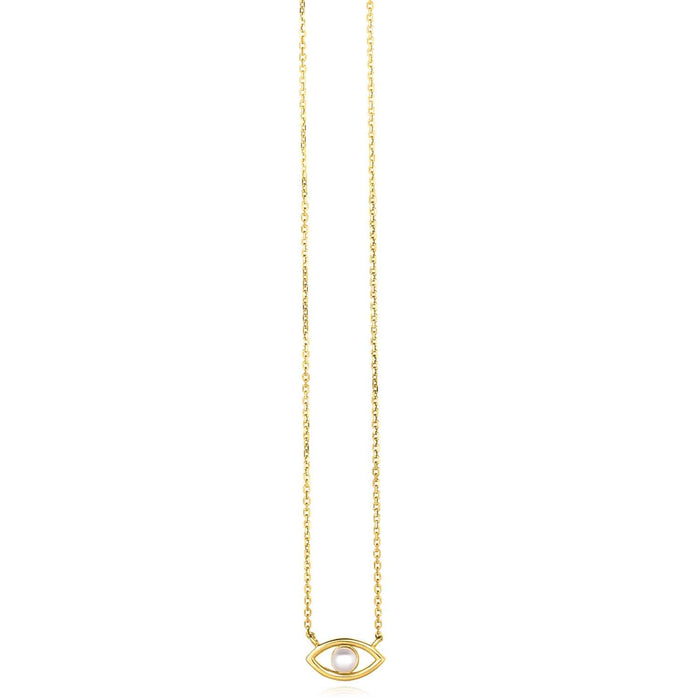 14K Yellow Gold Cultured Pearl Evil Eye Cable Necklace (Solid Links) 16" - 18" Adjustable - WJD Exclusives