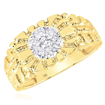 Sun With Diamond Rays 0.50CTW Natural Diamond 10K Gold Sun Rays Signet Nugget Ring