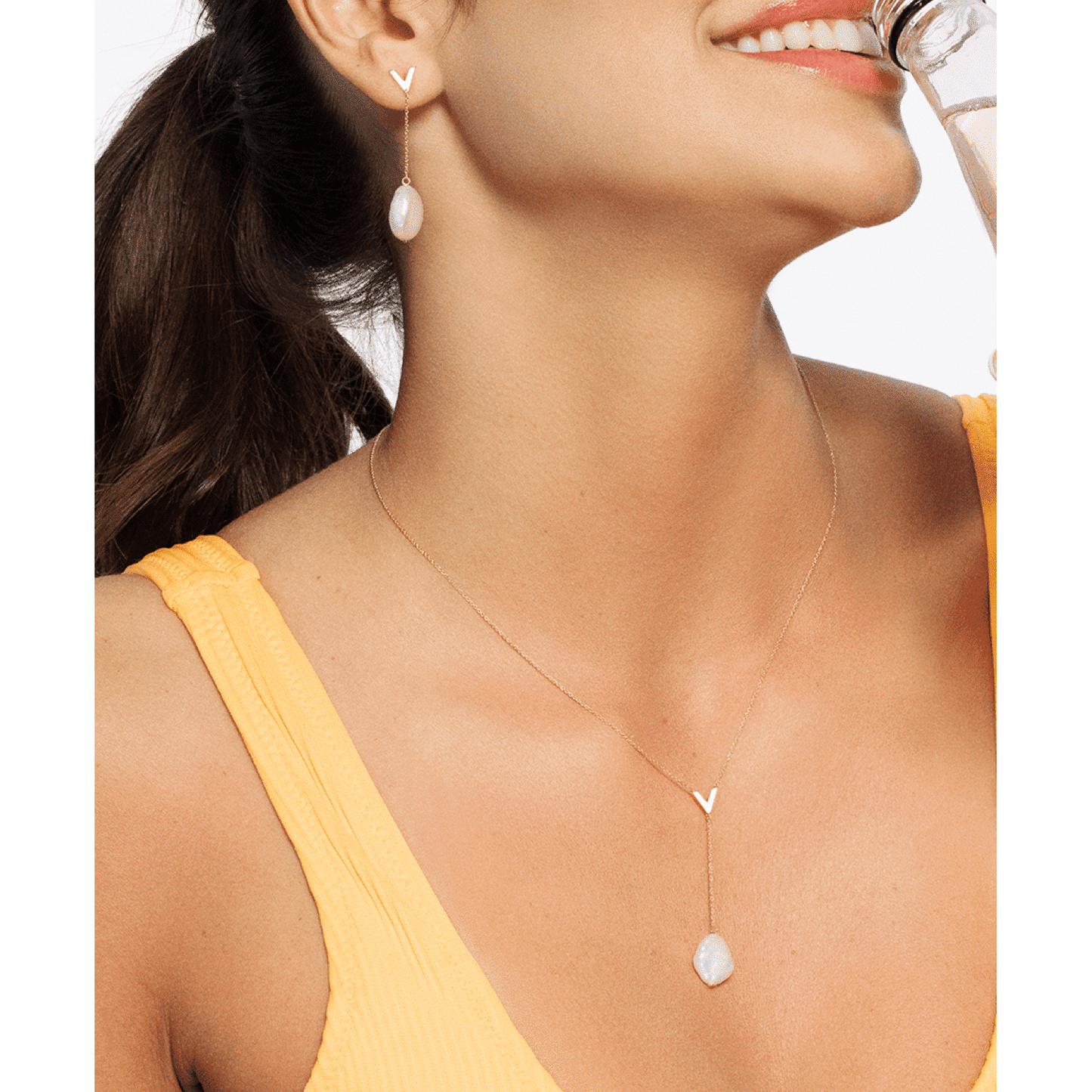 14K Real Gold Cultured Pearl Pendant Cable V-Shape Lariat Necklace 16"-18" Adj